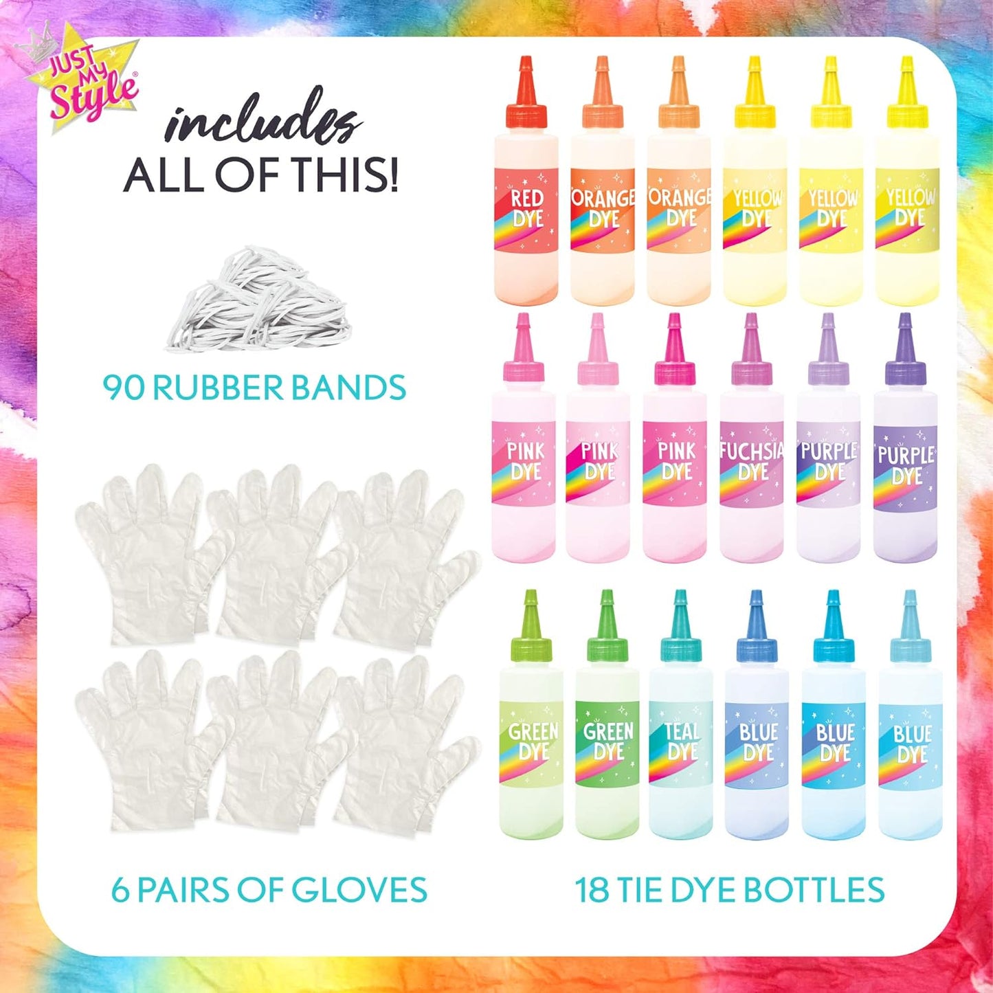 Just My Style Tie-Dye Party Pack, DIY Tie Dye Kit, Create Up to 40 Tie-Dye Projects Includes 18 Dyes, 90 Rubber Bands, Gloves & Project Guide