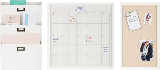 Gallery Solutions 3-Piece Wall Organizer Command Center Set with Storage and Monthly Calendar, White Memo Boards, 14 x 22