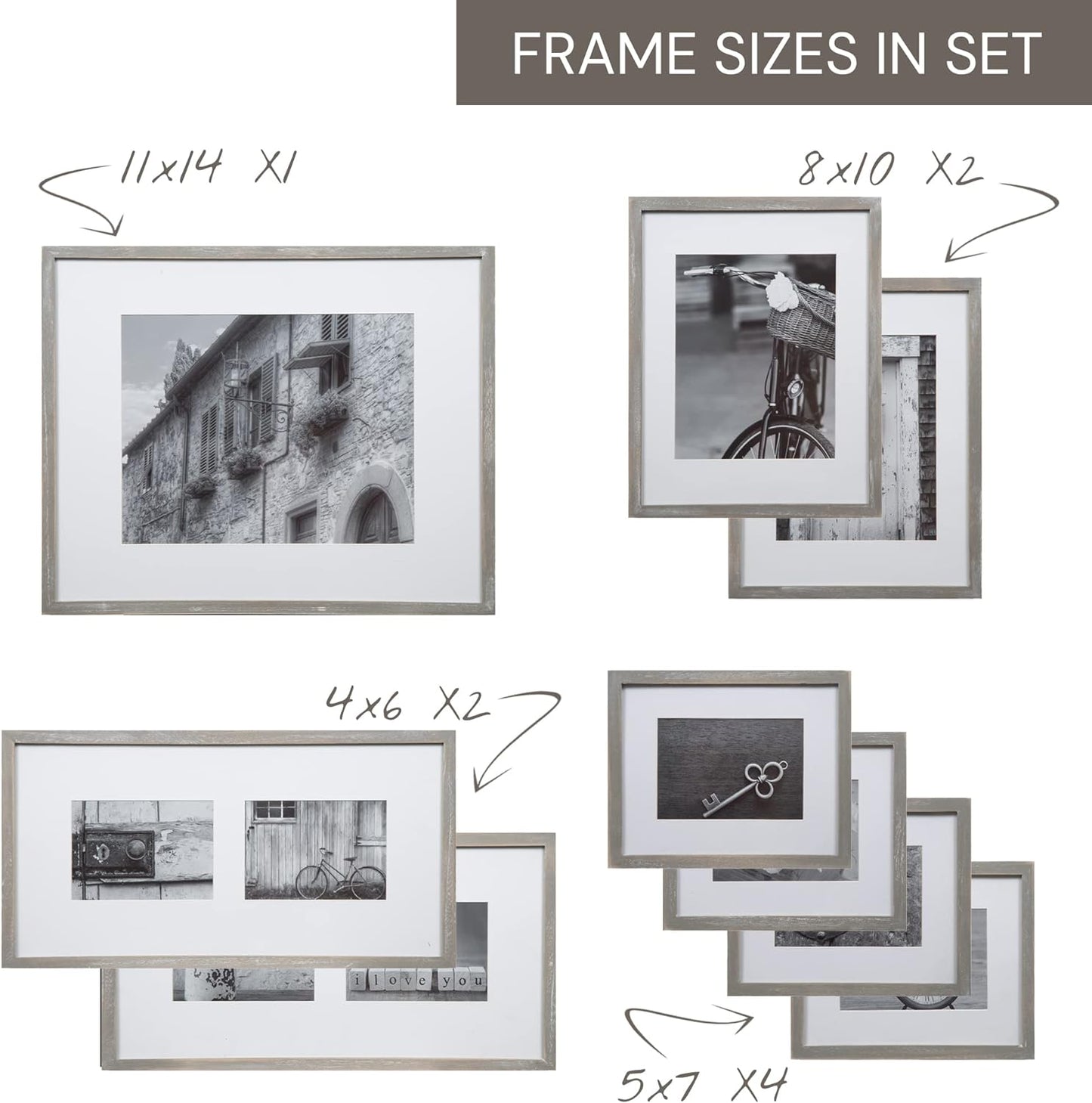 Gallery Perfect 9 Piece Greywash Wood Photo Frame Wall Gallery Kit with Decorative Art Prints & Hanging Template