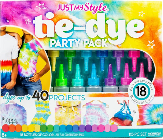 Just My Style Tie-Dye Party Pack, DIY Tie Dye Kit, Create Up to 40 Tie-Dye Projects Includes 18 Dyes, 90 Rubber Bands, Gloves & Project Guide