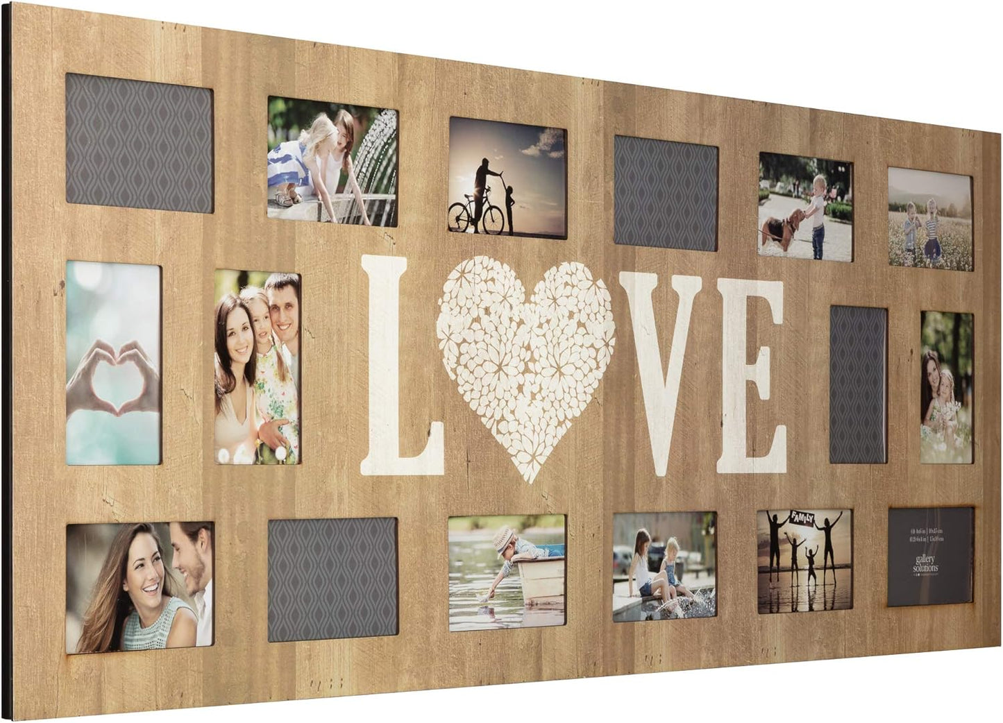 Gallery Solutions 16 Opening Rustic Woodgrain Love Wall Mount Collage Frame, 19" x 47"