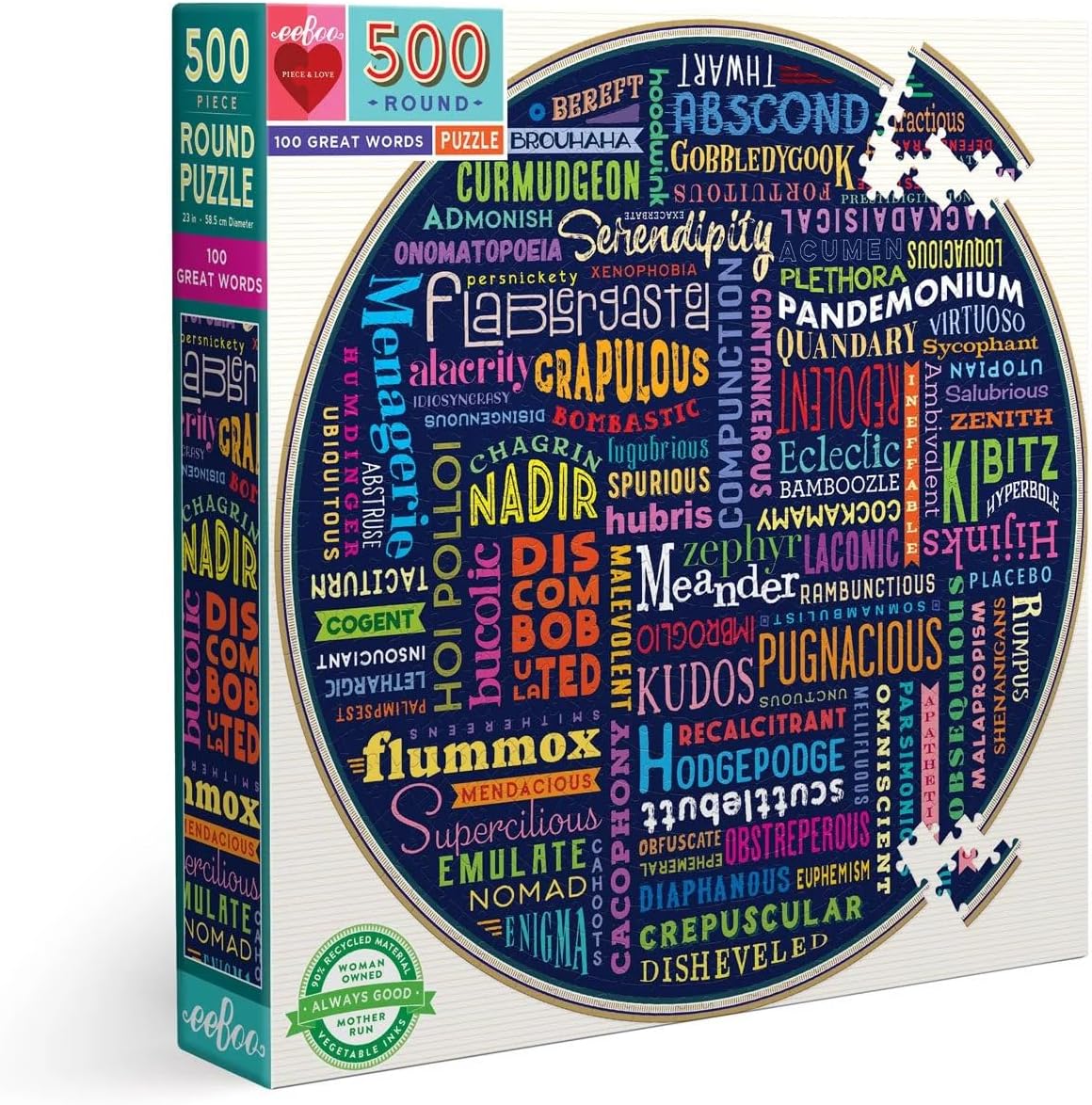 eeBoo: Piece and Love 500 100 Great Words Piece Round Circle Jigsaw Puzzle, Puzzle for Adults and Families