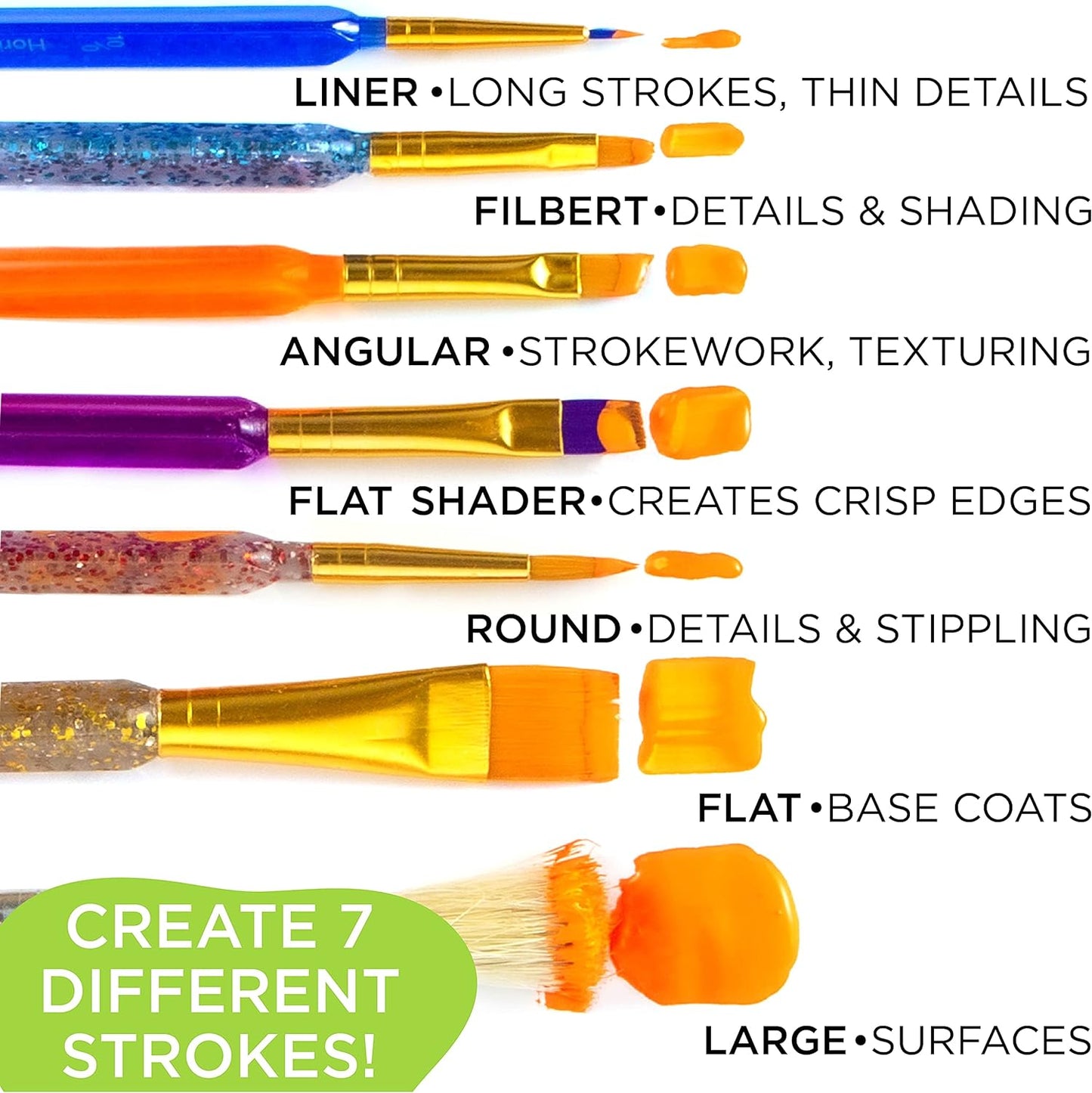 Horizon Group USA All Purpose Paintbrushes Bulk Pack of 20, Assorted Variety 7 Types of Paintbrushes, Easy Grip Glitter Triangle Handles, Small & Large, Perfect for Paint Projects