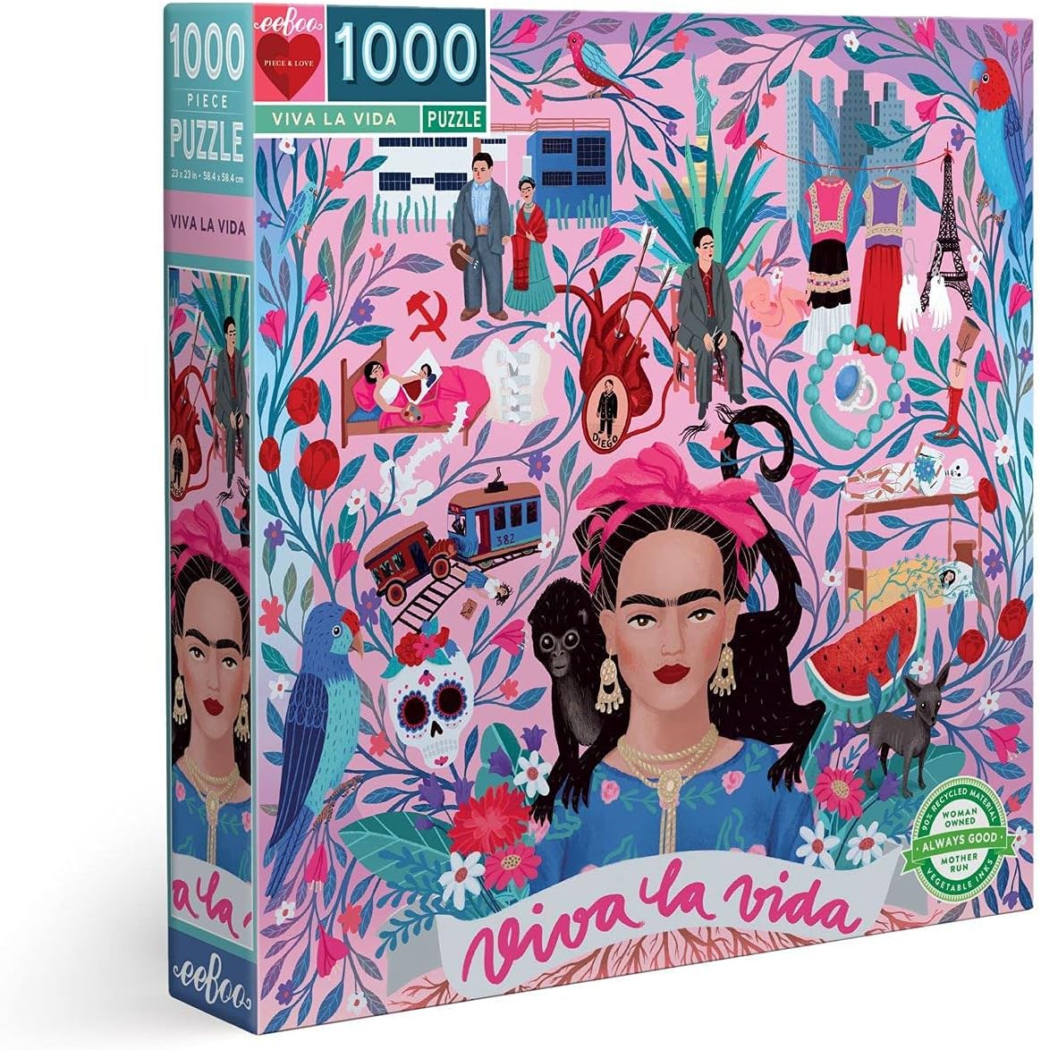 eeBoo: Piece and Love Viva la Vida Frida Kahlo 1000 Piece Square Adult Jigsaw Puzzle, Puzzle for Adults and Families