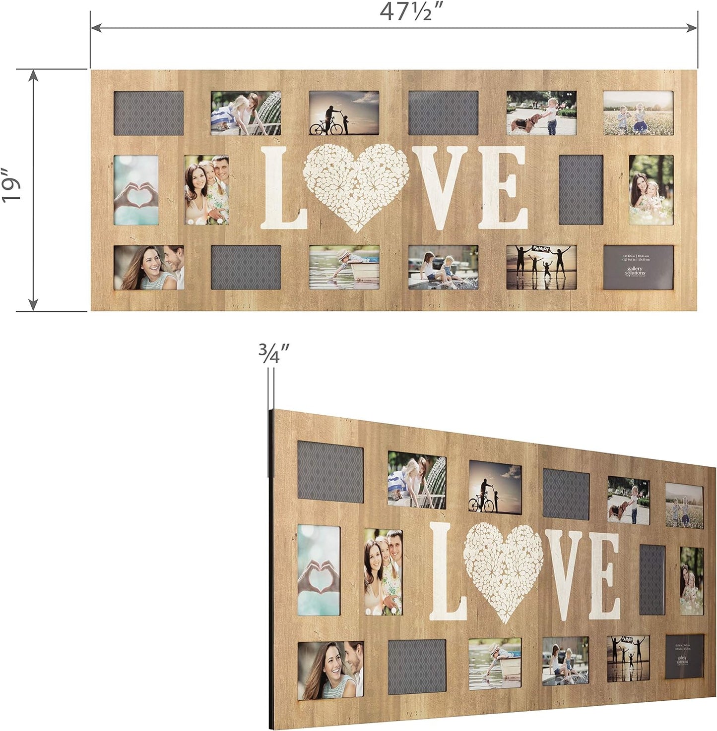 Gallery Solutions 16 Opening Rustic Woodgrain Love Wall Mount Collage Frame, 19" x 47"